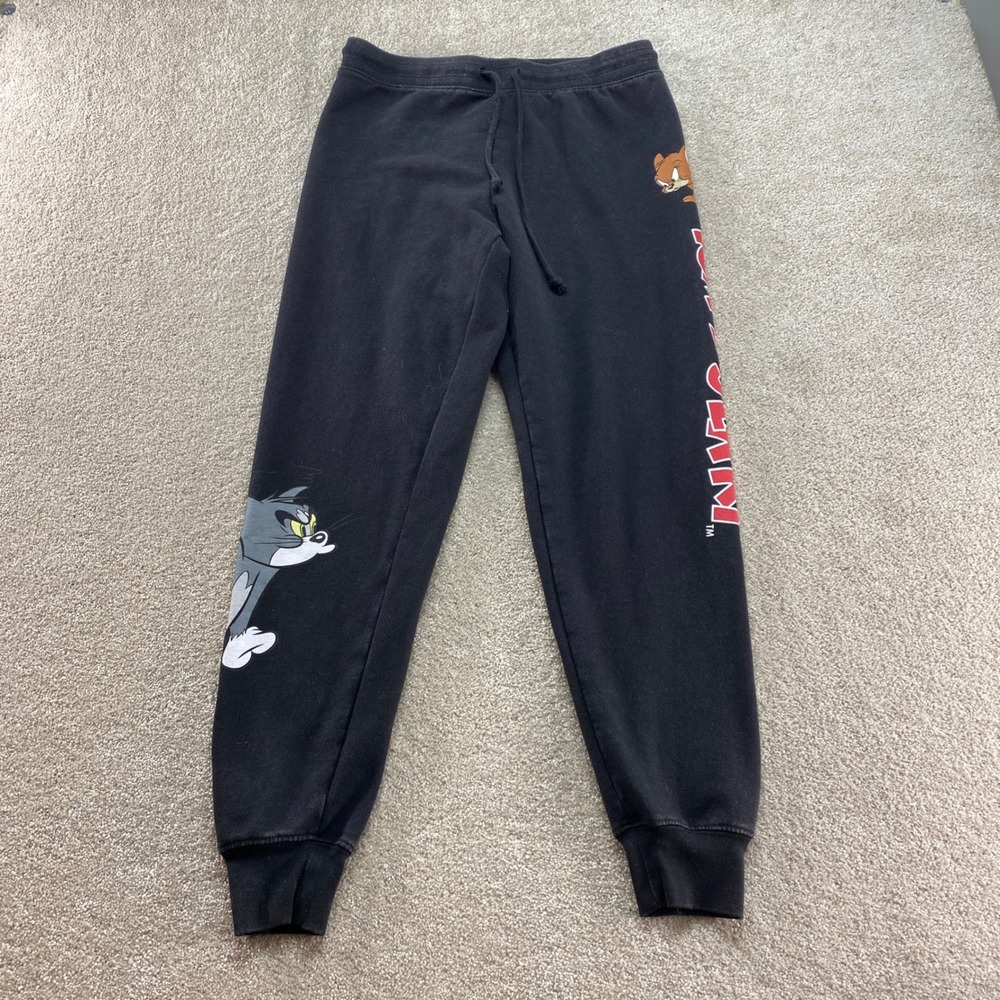 Tom and Jerry Sweatpants Womens Medium Black Graphic Fleece Joggers Drawstring